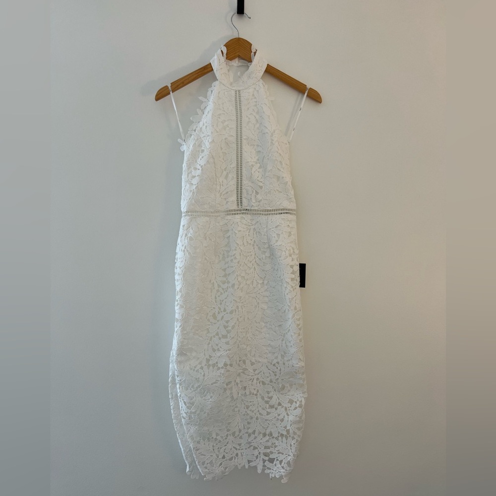 White Lace Halter Bridal Midi Dress